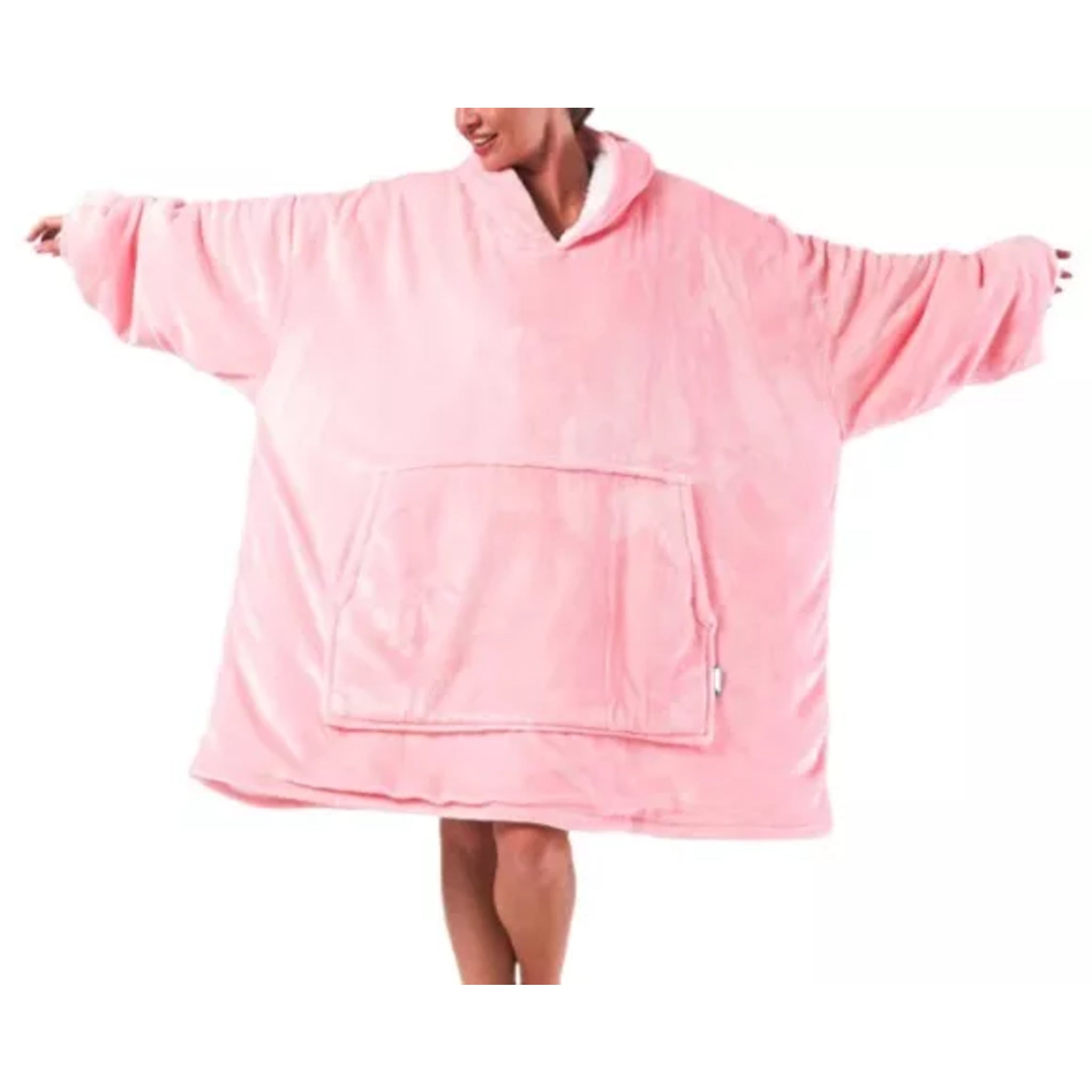 Ladies unisex oversized hoodie blanket snood snoodie in pink – soft fleece wearable blanket with hood and large pocket, cozy warm loungewear.